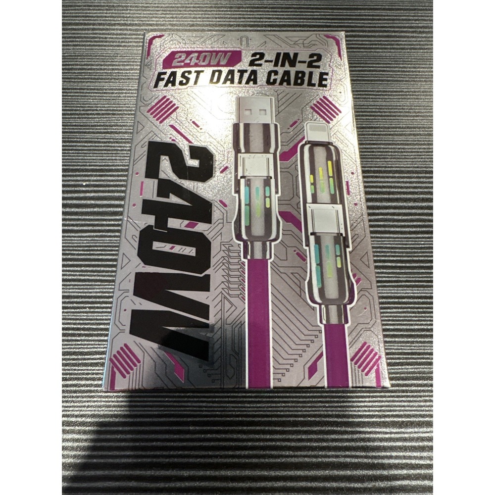 240W Fast Charging Data Cable USB-C USB-A to Lightning Purple 4ft 2-in-2
